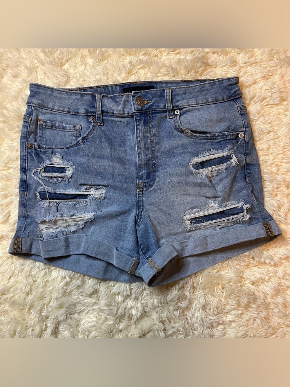 Aeropostale High Rise Midi Distressed Cuffed Denim Jean Shorts Size 10